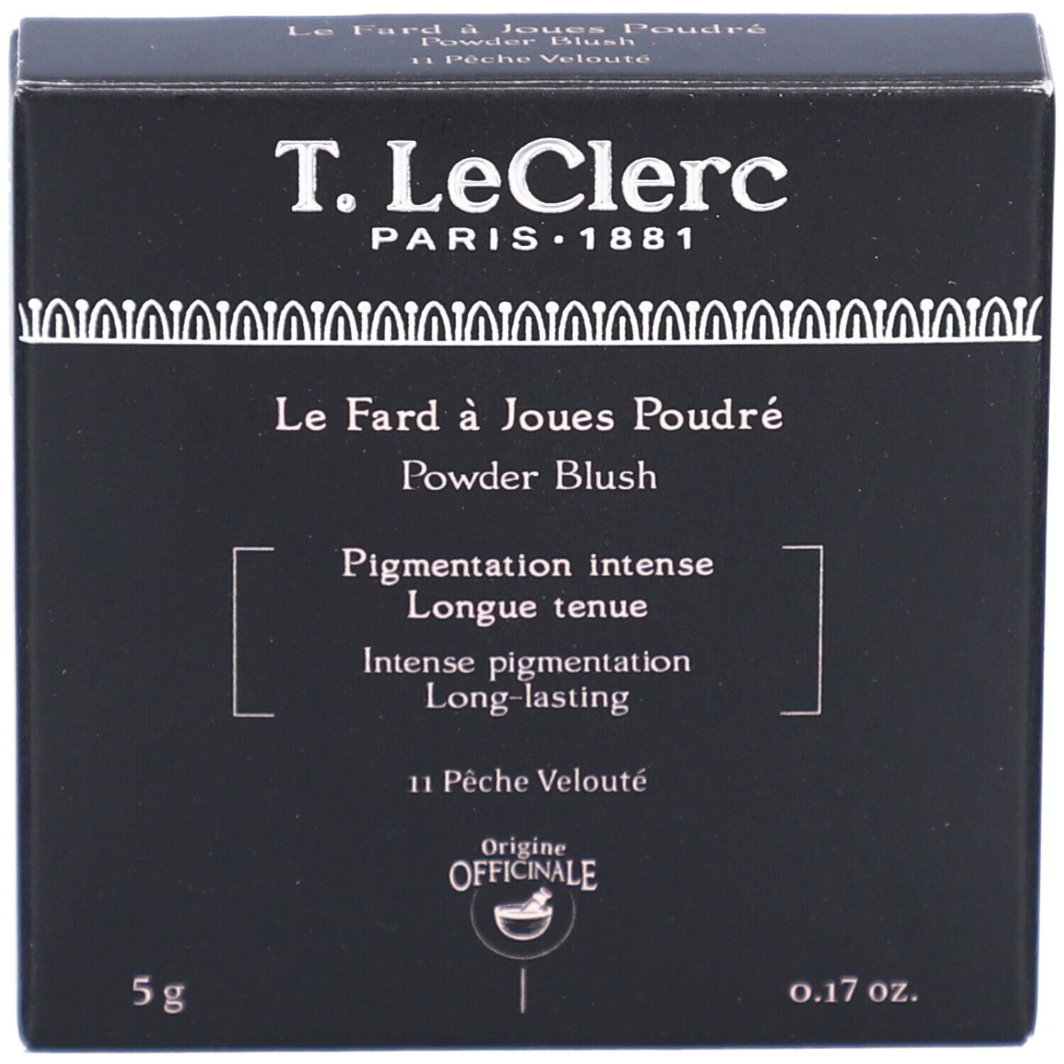 Emballage noir avec texte blanc : T. LeClerc, Le Fard à Joues Poudré, Powder Blush, 11 Pêche Velouté, 5g, 0.17 oz.