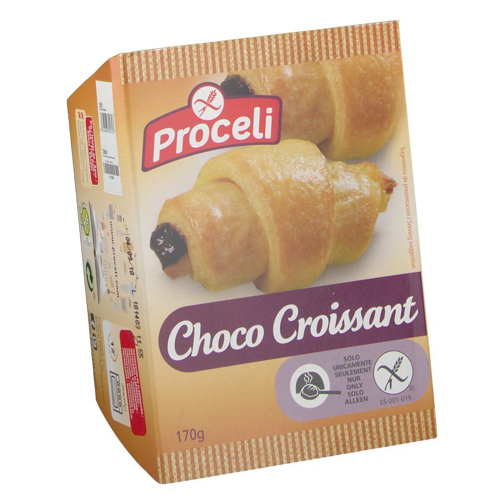 Emballage de Proceli Choco Croissant. Pâtisserie sans gluten. 170g. Logo et nom du produit visibles. Couleurs marron et beige.