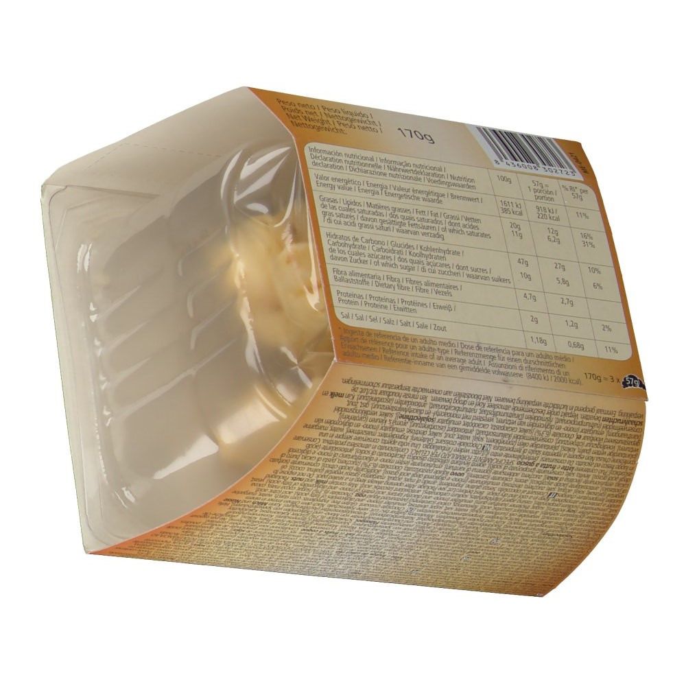 Emballage plastique transparent avec informations nutritionnelles. Contient des pâtisseries. Emballage marron et beige. Poids 170g.