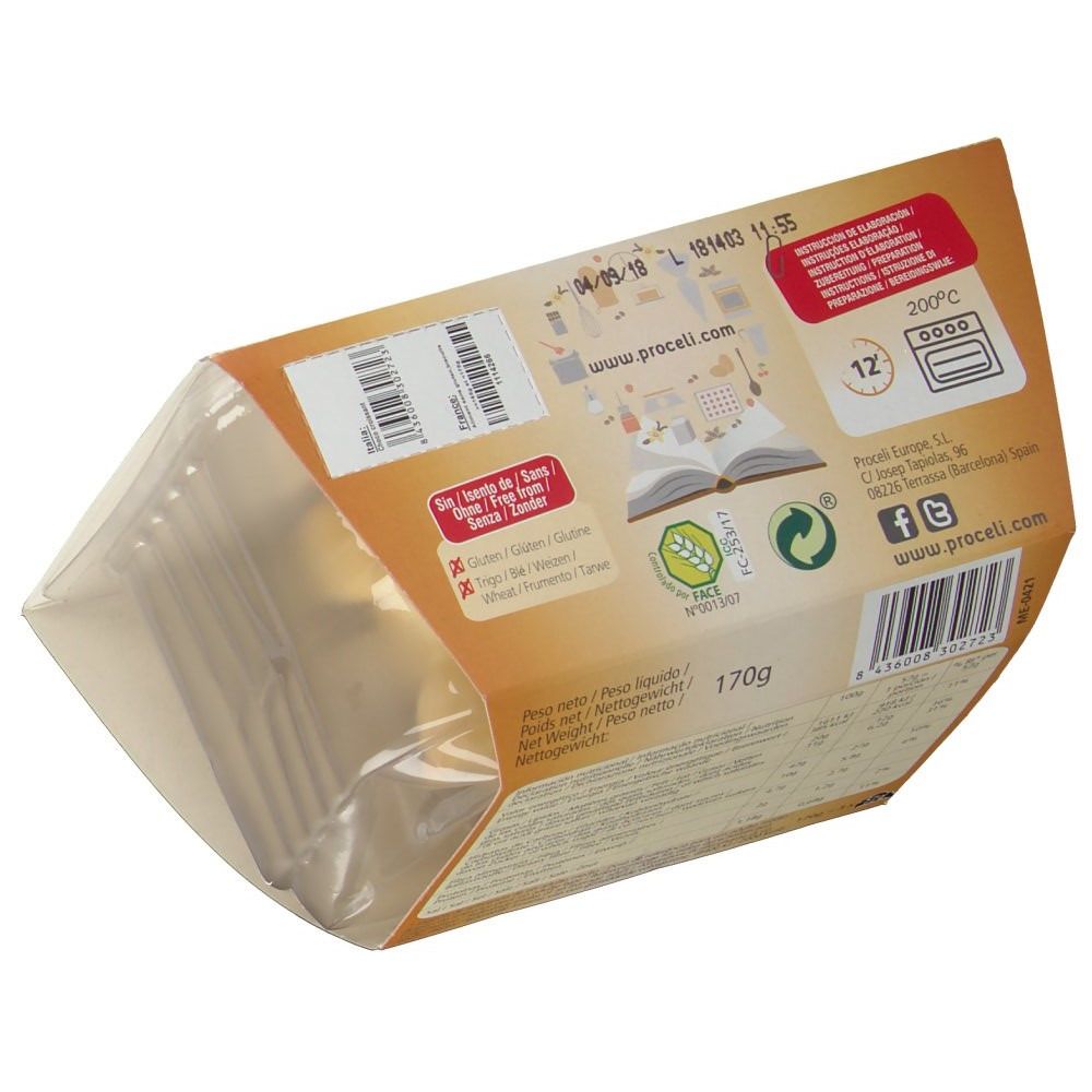 Dos de l'emballage avec informations. Symbole sans gluten. Poids 170g. Texte et logos. Emballage marron et beige.
