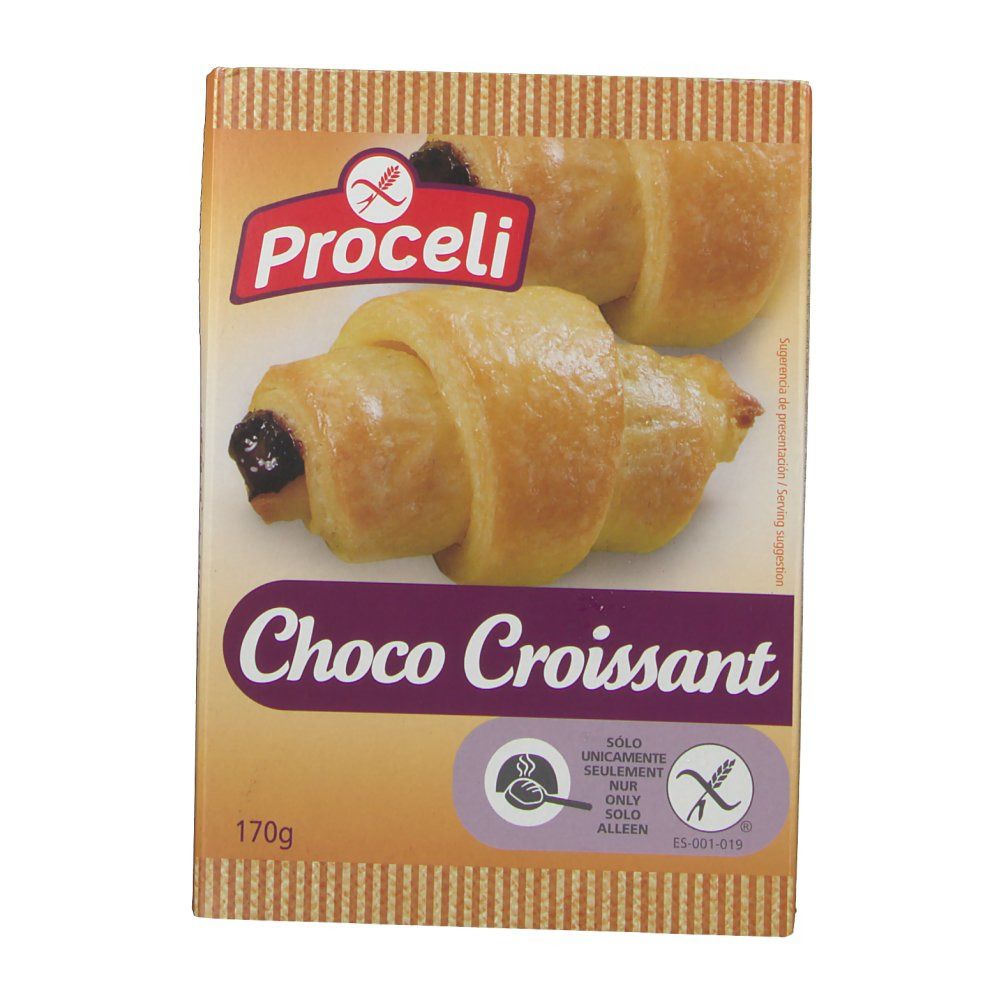Emballage de Proceli Choco Croissant. Pâtisserie sans gluten. 170g. Logo et nom du produit visibles. Couleurs marron et beige.