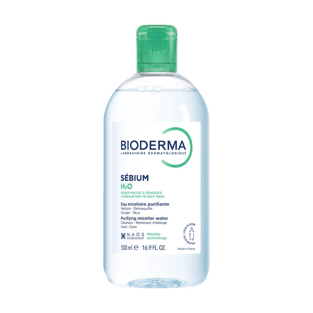 Flacon BIODERMA Sébium H2O. Bouchon vert. Eau nettoyante. Peaux mixtes/grasses. 500 ml.