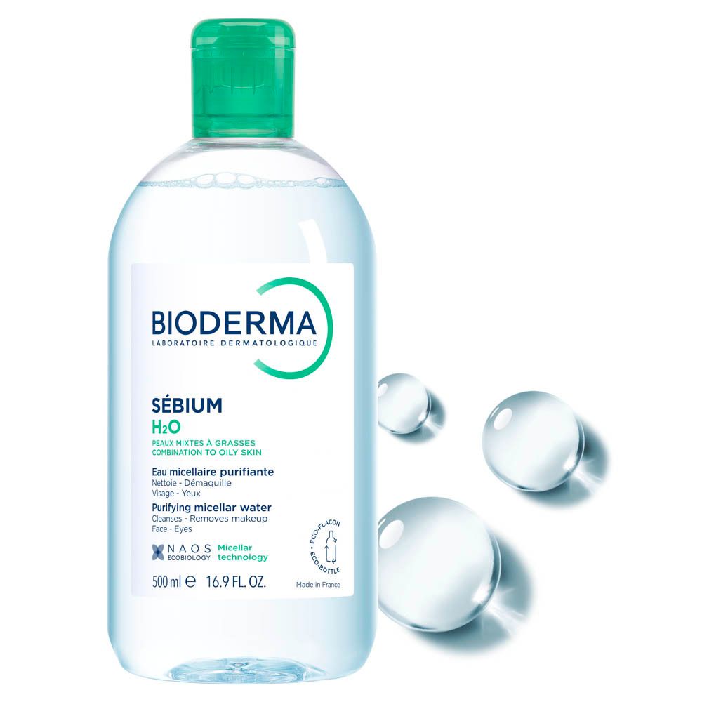 Dos du flacon BIODERMA Sébium H2O. Texte multilingue. Étiquette verte et blanche. Liquide transparent.