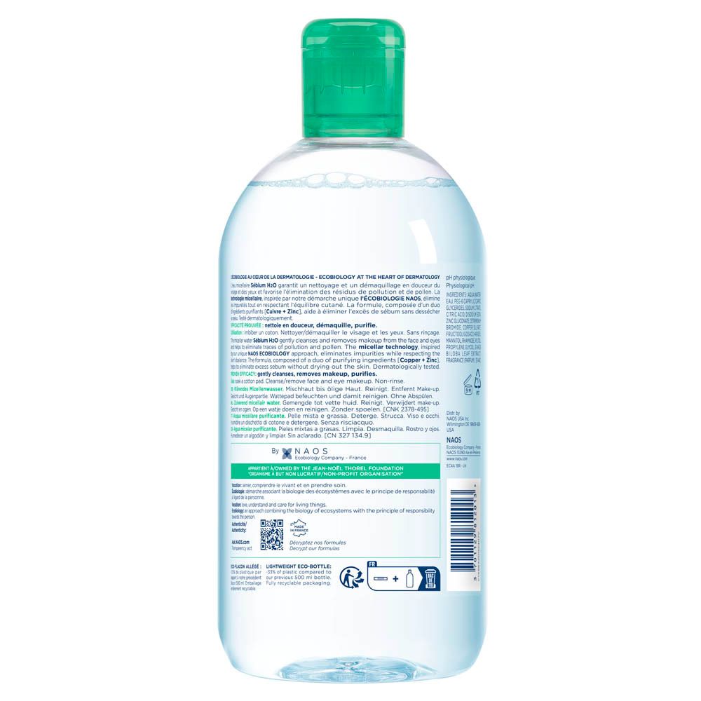 Dos du flacon BIODERMA Sébium H2O. Texte multilingue. Étiquette verte et blanche. Liquide transparent.