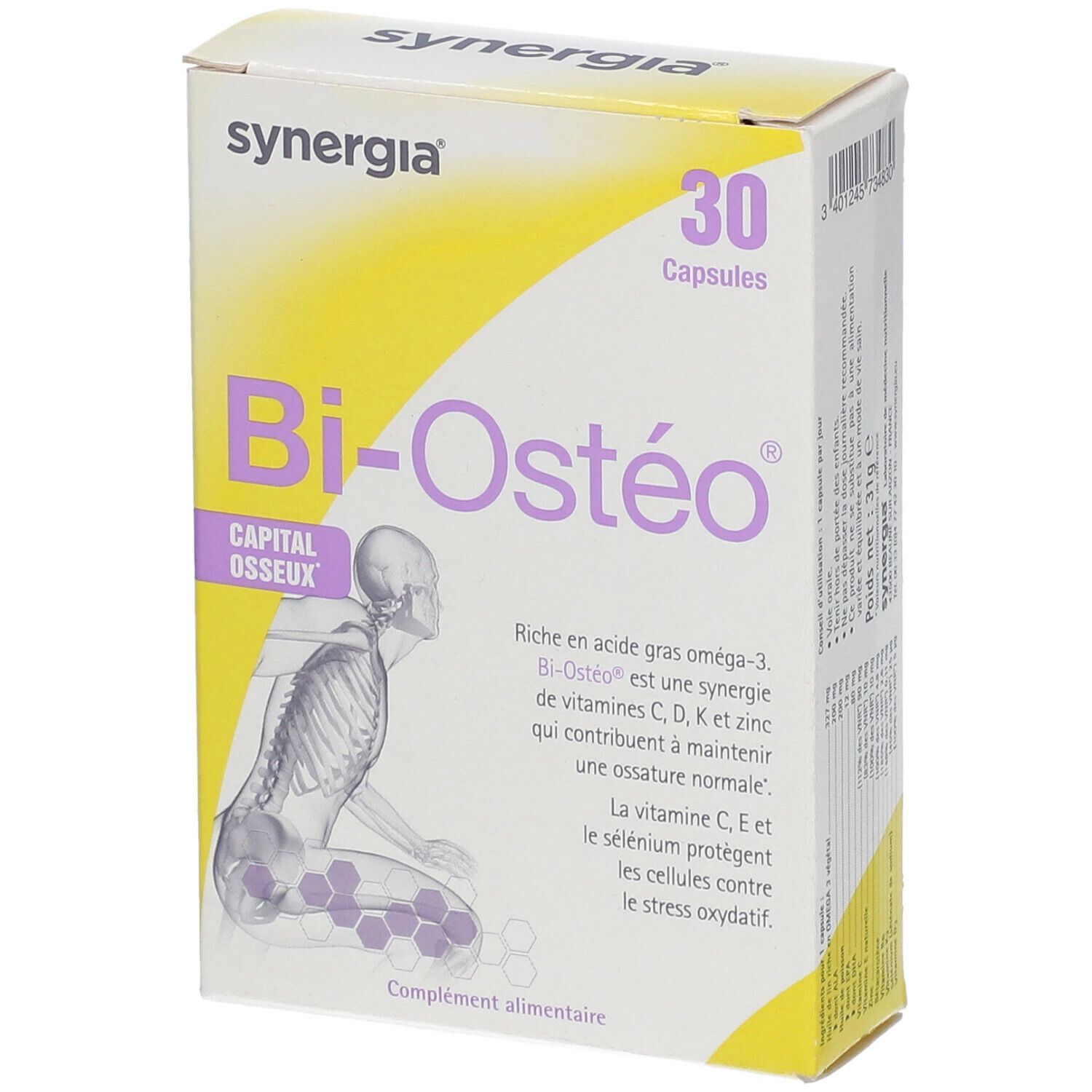 Boîte Bi-Ostéo avec 30 capsules. Texte: Capital osseux. Contient une illustration d'un squelette humain.