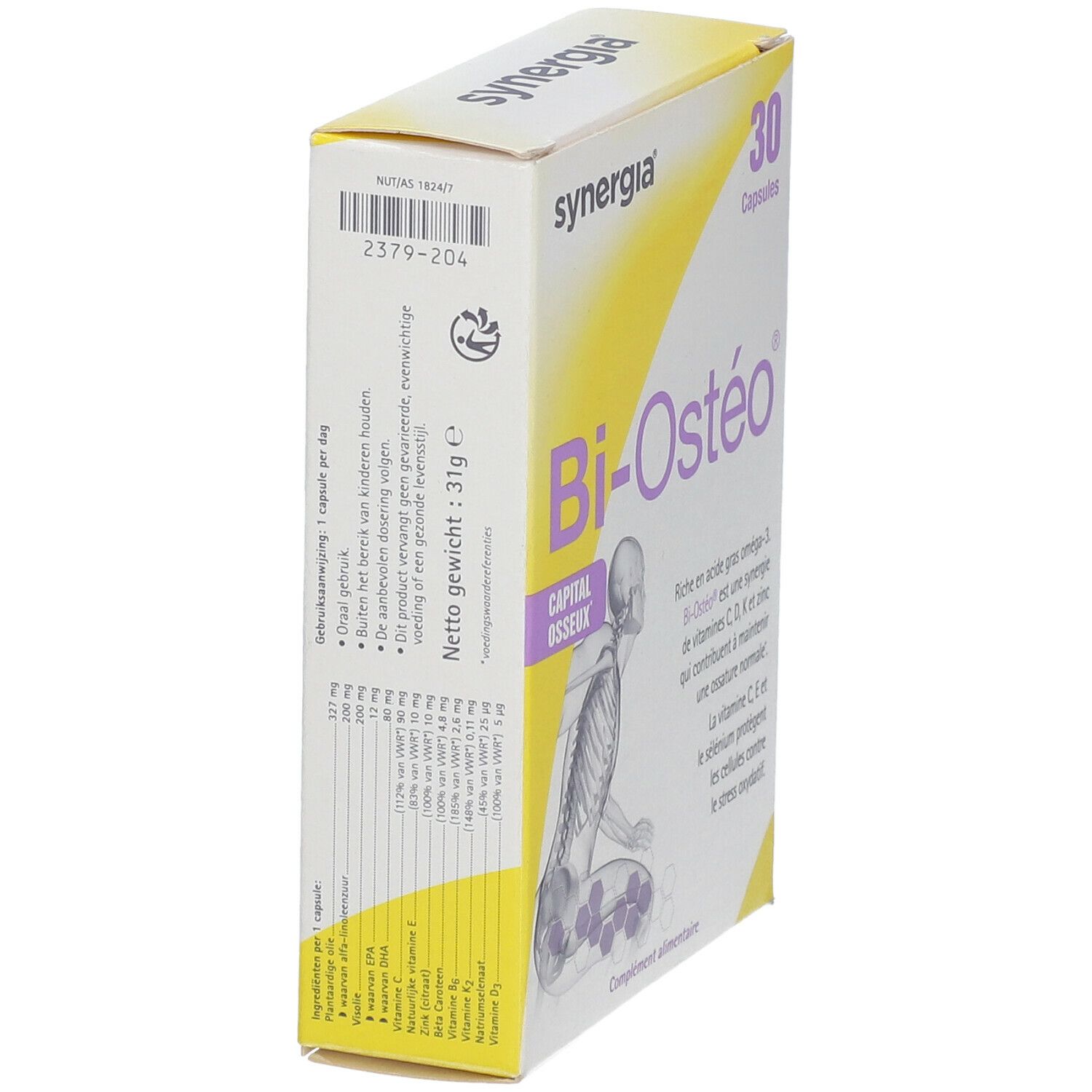 Vue latérale de la boîte Bi-Ostéo. Contient des informations sur les ingrédients et les valeurs nutritionnelles. Marque Synergia.