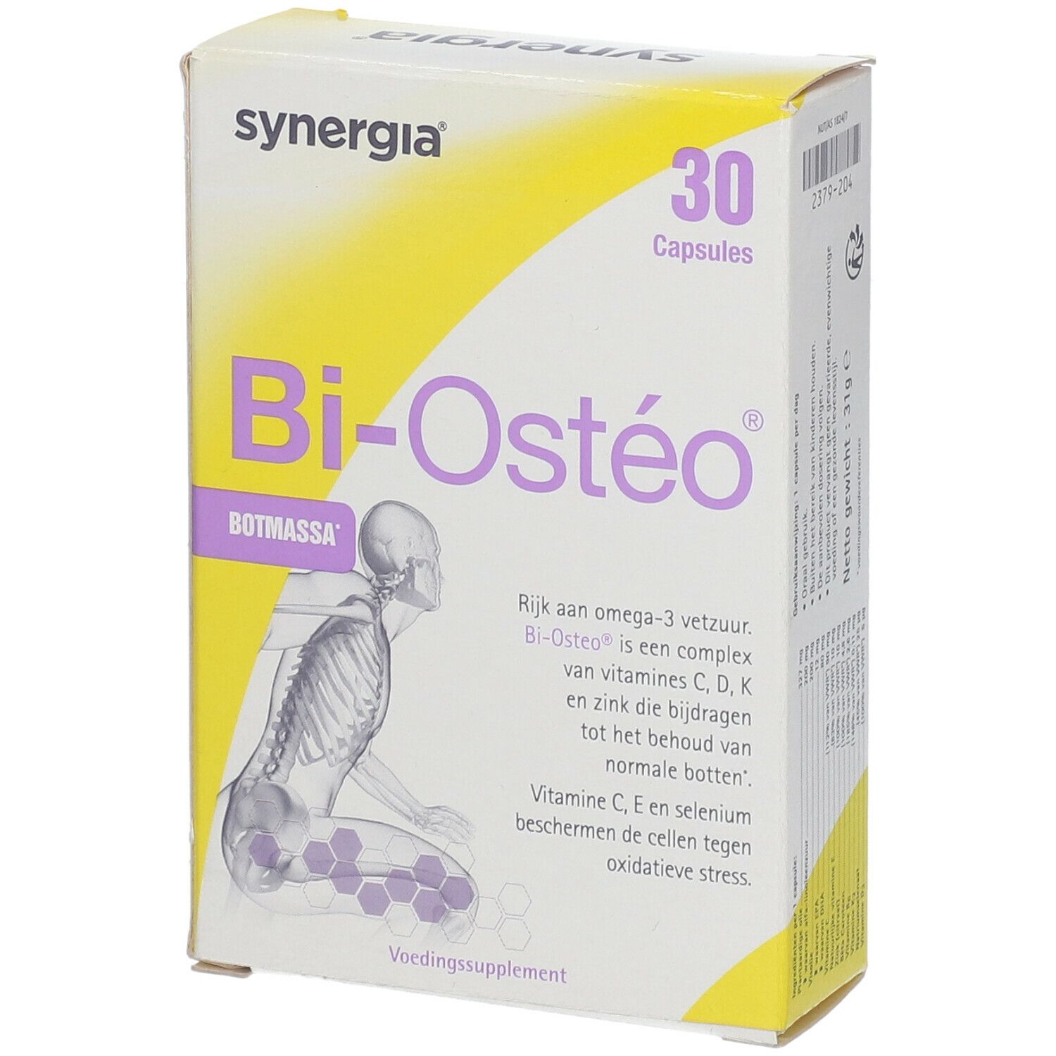 Boîte Bi-Ostéo avec 30 capsules. Illustration d'un squelette humain. Marque Synergia.