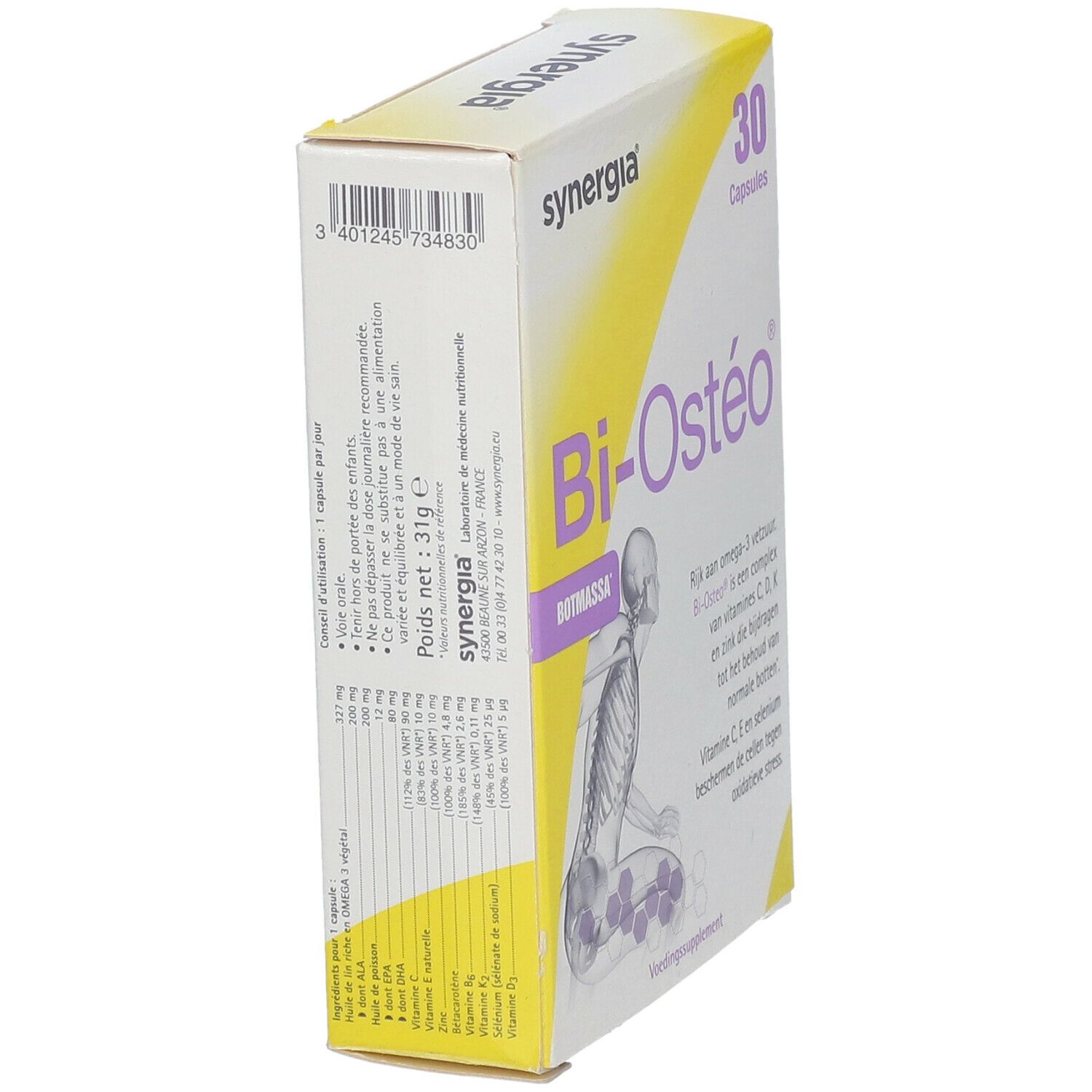 Vue latérale de la boîte Bi-Ostéo. Contient des informations sur les ingrédients et les valeurs nutritionnelles. Marque Synergia.