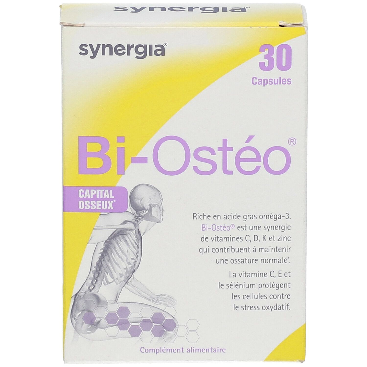 Boîte Bi-Ostéo avec 30 capsules. Illustration d'un squelette humain. Marque Synergia.