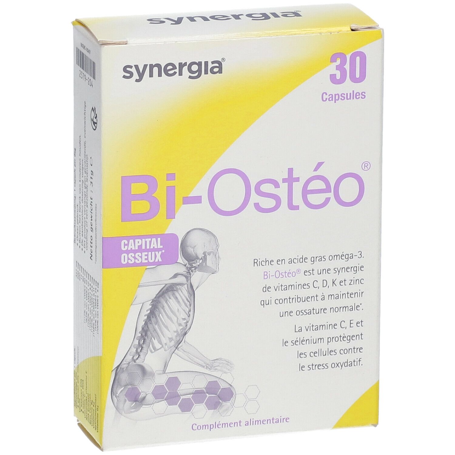 Boîte Bi-Ostéo avec 30 capsules. Illustration d'un squelette humain. Marque Synergia.