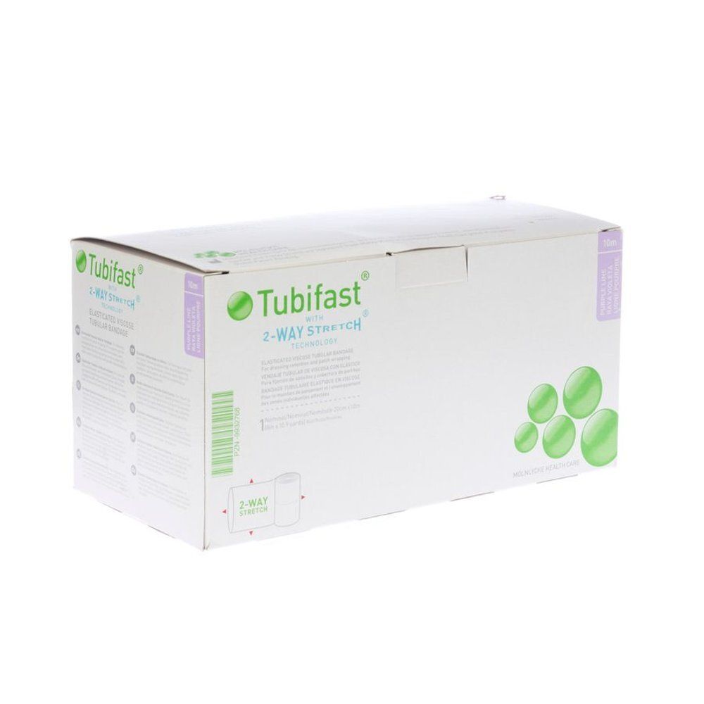 Bandage Tubifast 2-Way Stretch, 25 cm x 10 m, violet. Boîte en carton avec informations produit.