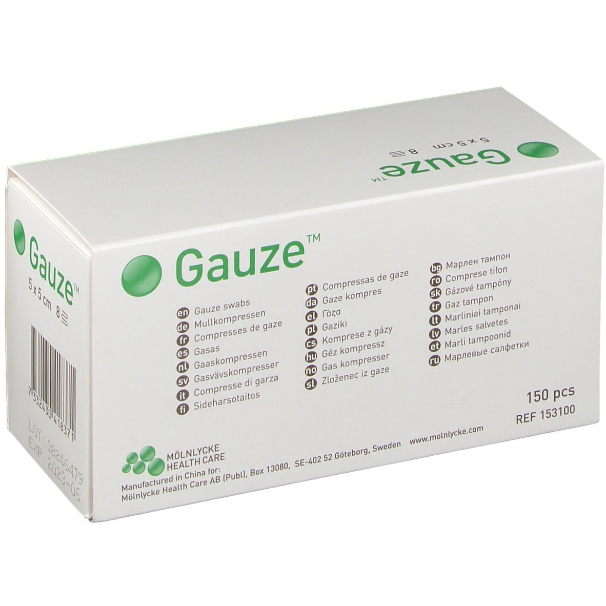 Boîte blanche avec logo vert "Gauze" et noms de produits multilingues. 150 pièces. Fabricant : Molnlycke Health Care.