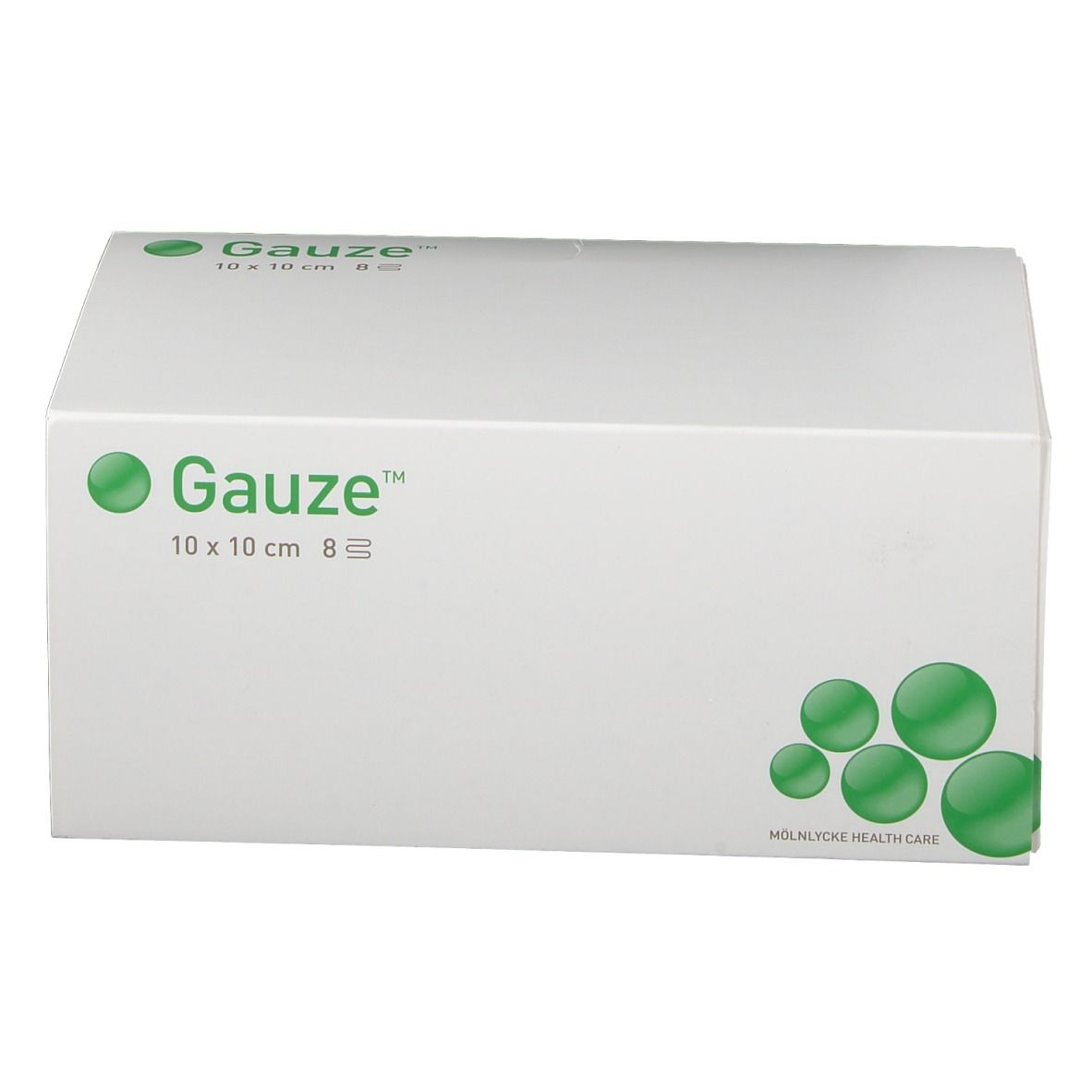 Boîte blanche avec logo vert et texte Gauze 10 x 10 cm 8 couches. Vue de face.