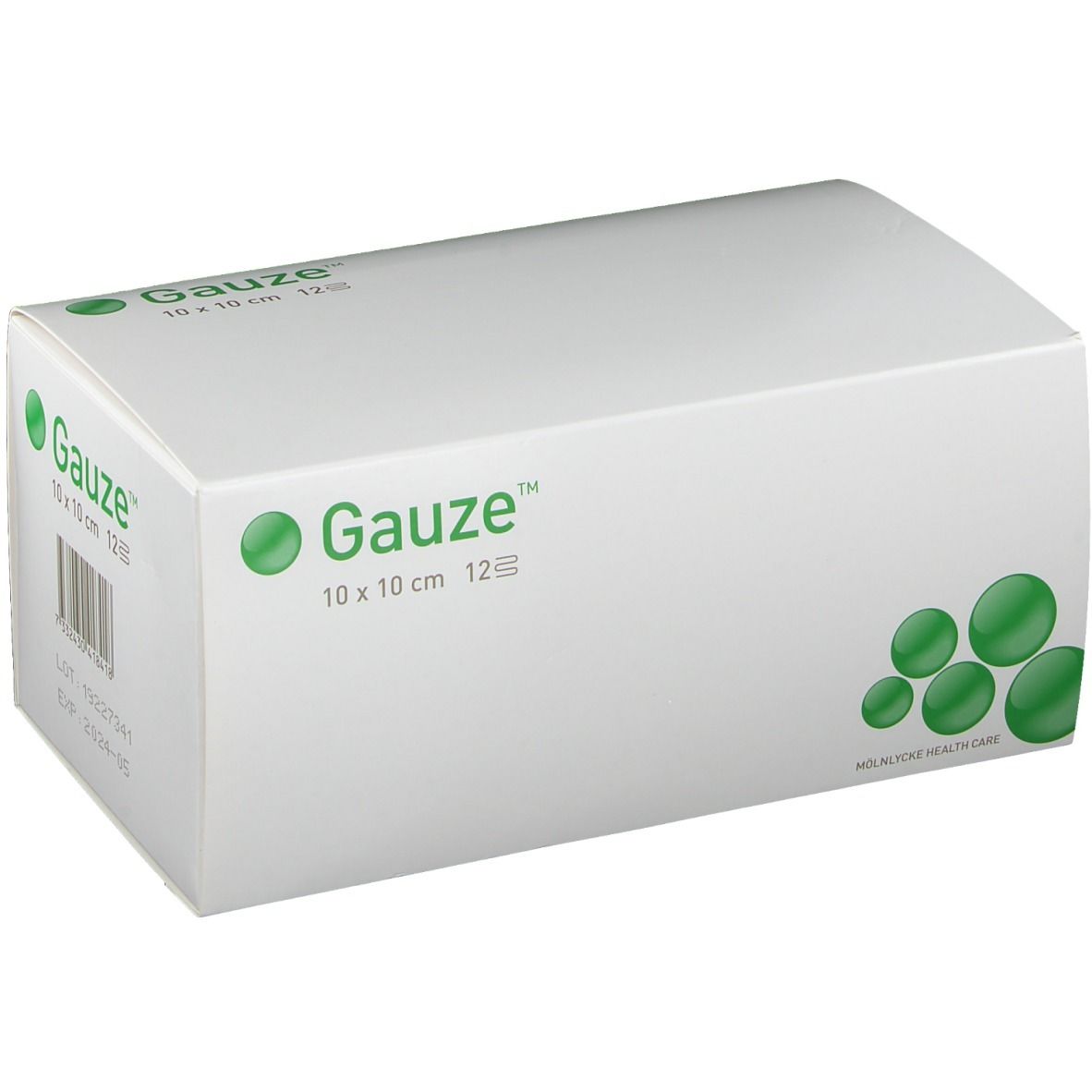 Boîte blanche avec inscription "Gauze" et informations produit. 10x10 cm, 12 couches. Cercles verts décoratifs.