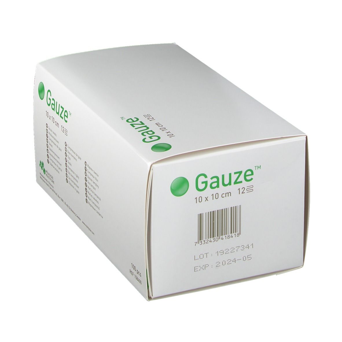 Emballage blanc avec inscription verte "Gauze", 10x10 cm, 12 couches. Code-barres, LOT et date d'expiration.