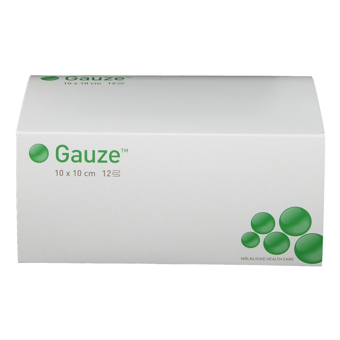 Emballage blanc avec inscription verte "Gauze", 10x10 cm, 12 couches. Cercle vert comme logo.