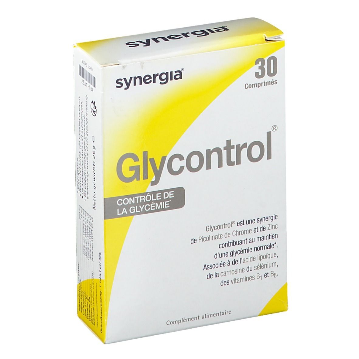 Boîte de 'synergia Glycontrol' avec 30 comprimés. Emballage blanc et jaune avec nom du produit et logo.