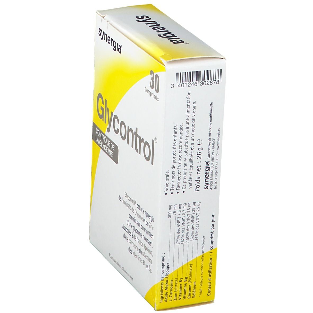 Boîte 'synergia Glycontrol'. Contient 30 comprimés. Emballage blanc et jaune. Texte: 'Contrôle de la glycémie'.