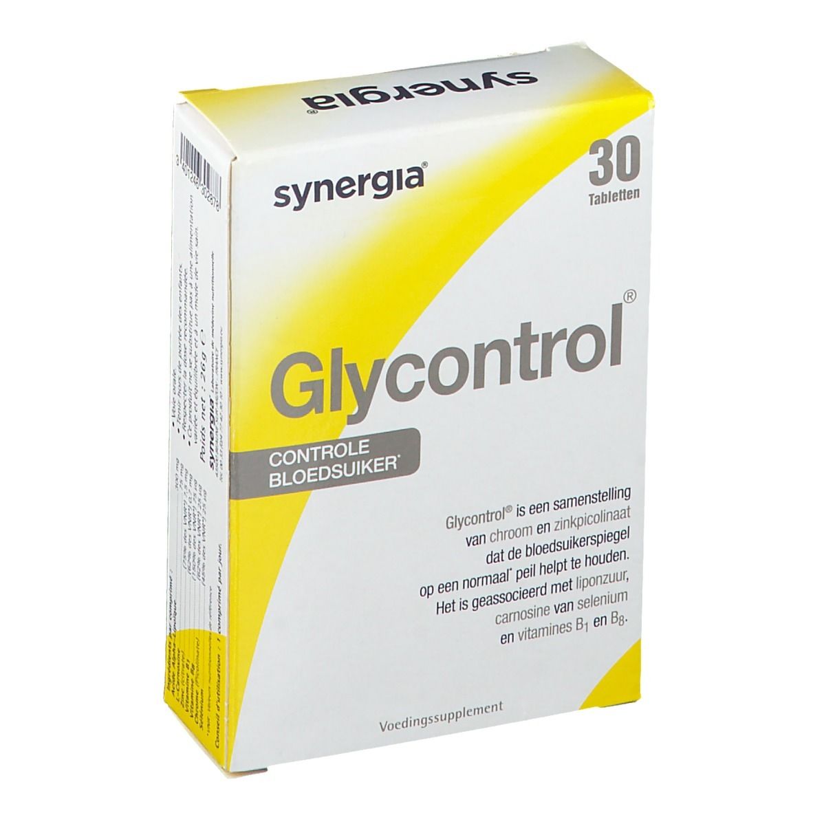 Boîte 'synergia Glycontrol' avec 30 comprimés. Emballage blanc et jaune. Texte: 'Controle bloedsuiker'.