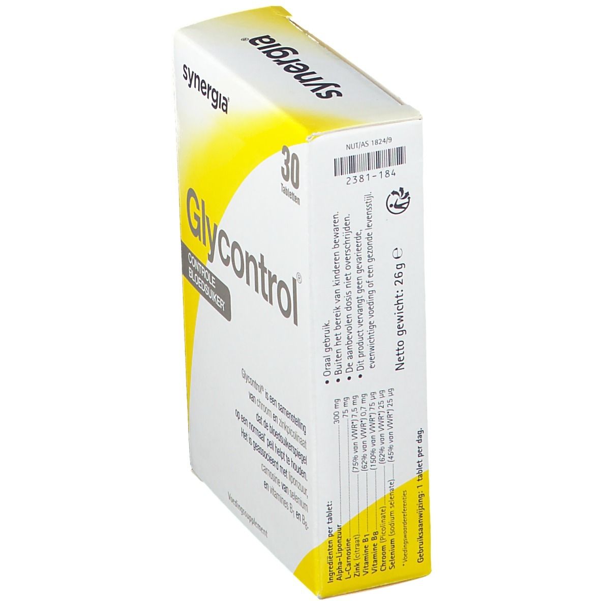 Boîte 'synergia Glycontrol' avec 30 comprimés. Emballage blanc et jaune. Texte: 'Controle bloedsuiker'. Liste des ingrédients.
