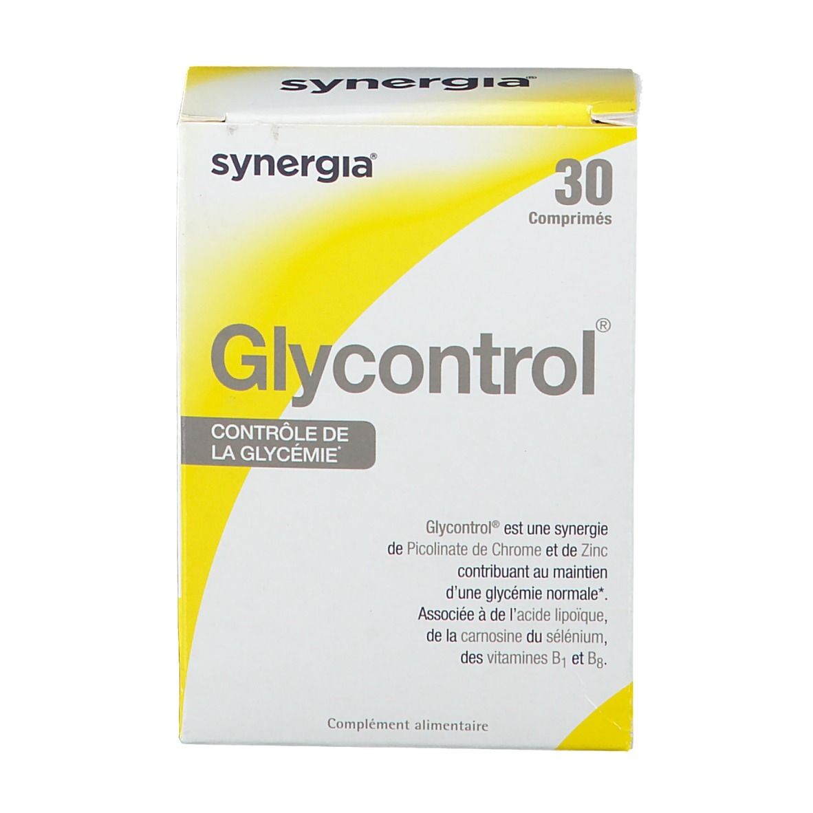 Boîte 'synergia Glycontrol' avec 30 comprimés. Emballage blanc et jaune. Texte: 'Contrôle de la glycémie'.