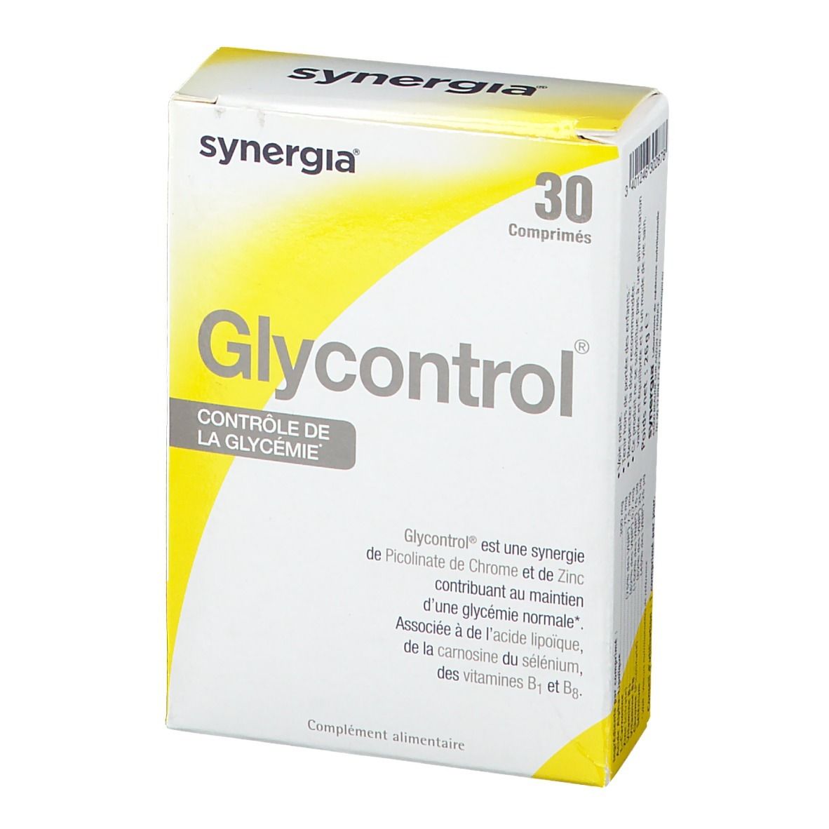 Boîte 'synergia Glycontrol' avec 30 comprimés. Emballage blanc et jaune. Texte: 'Contrôle de la glycémie'.