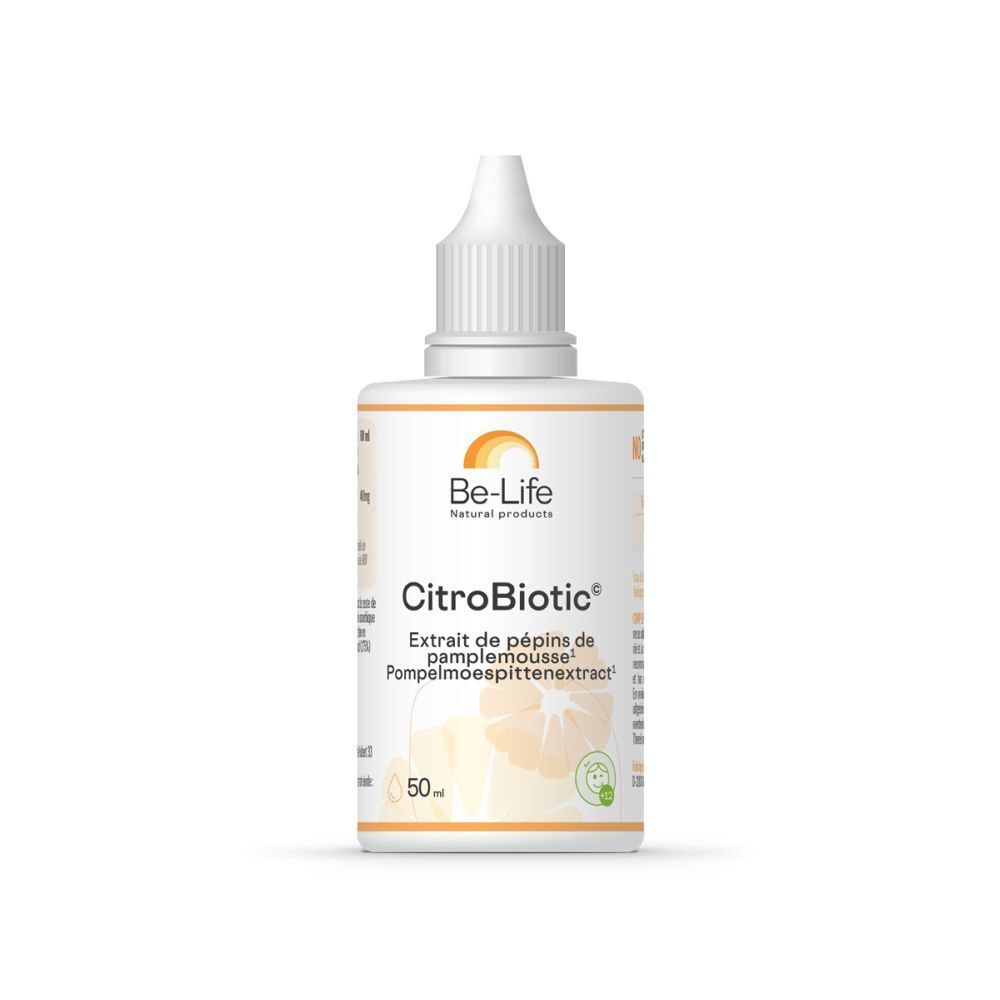 Flacon blanc avec compte-gouttes. Inscription: Be-Life CitroBiotic, Extrait de pépins de pamplemousse, 50 ml.