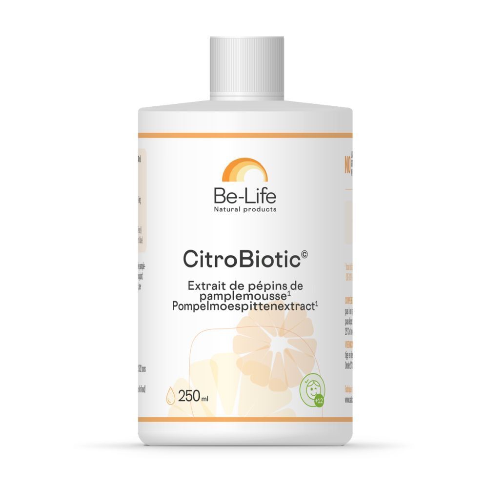 Flacon blanc avec étiquette CitroBiotic. Logo Be-Life. Contient extrait de pépins de pamplemousse. 250 ml.