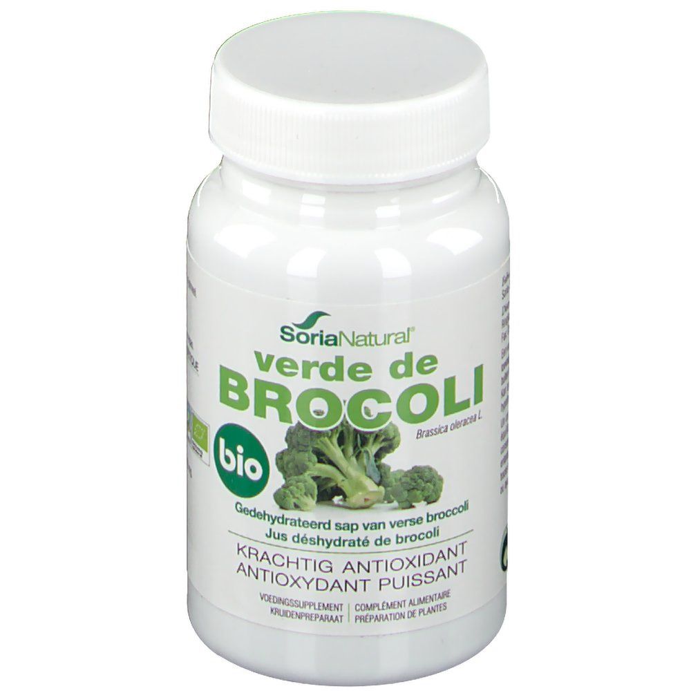 Flacon blanc avec étiquette SoriaNatural® verde de Brocoli. Label Bio. Texte: 'Jus déshydraté de brocoli'.