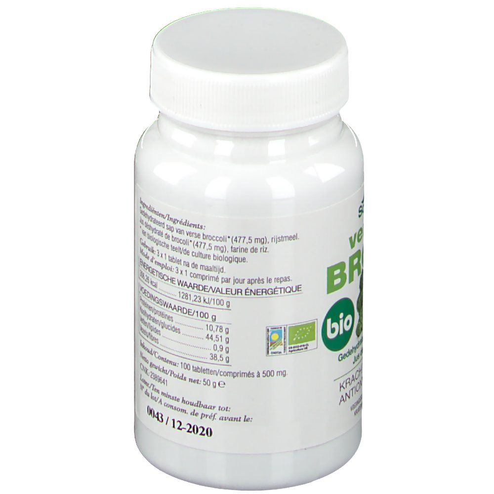 Vue arrière du flacon blanc. Texte: 'verde de Brocoli'. Informations nutritionnelles. Label Bio. Date de péremption.