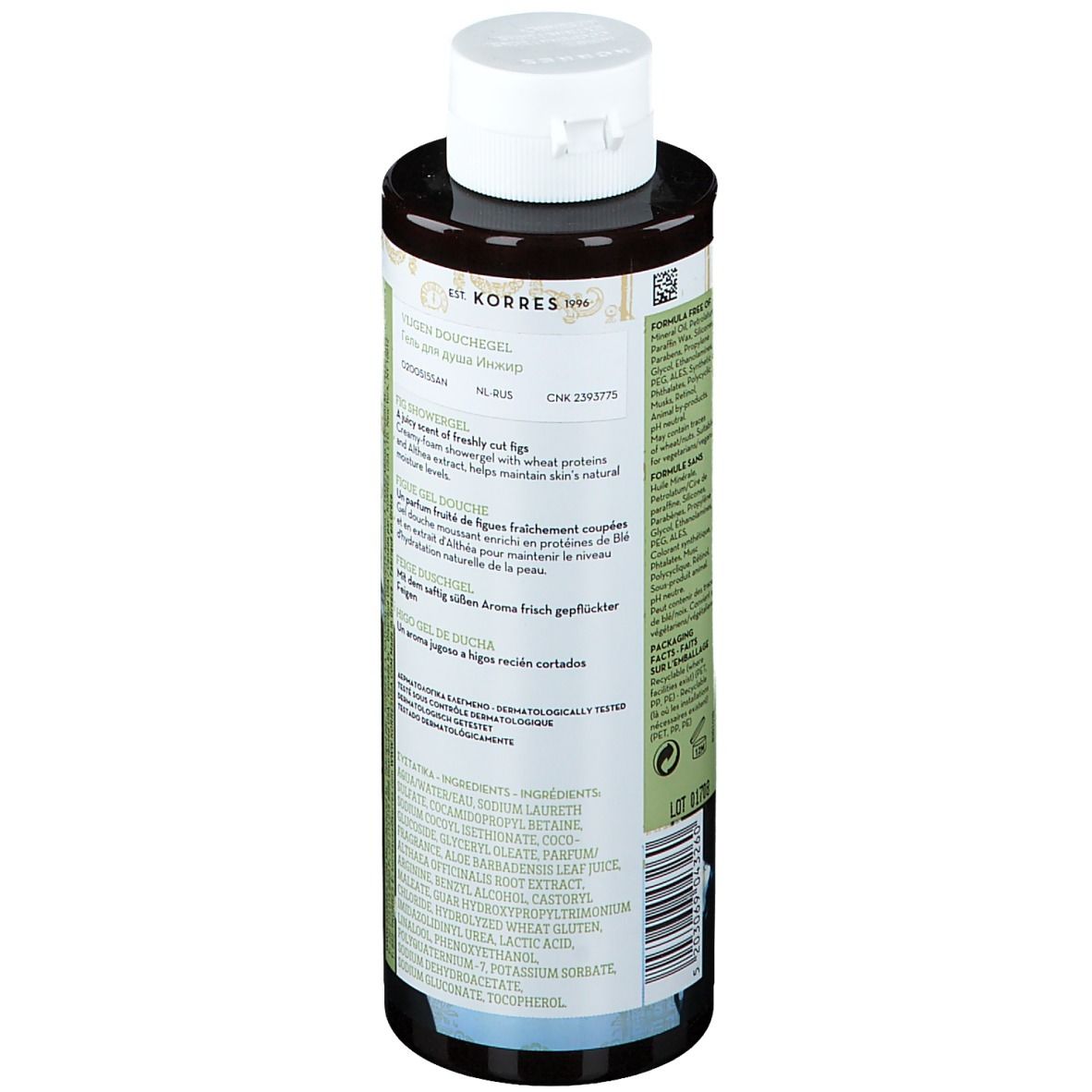 Korres Gel Douche Figues. Flacon marron avec bouchon blanc. Étiquette avec texte et éléments verts.