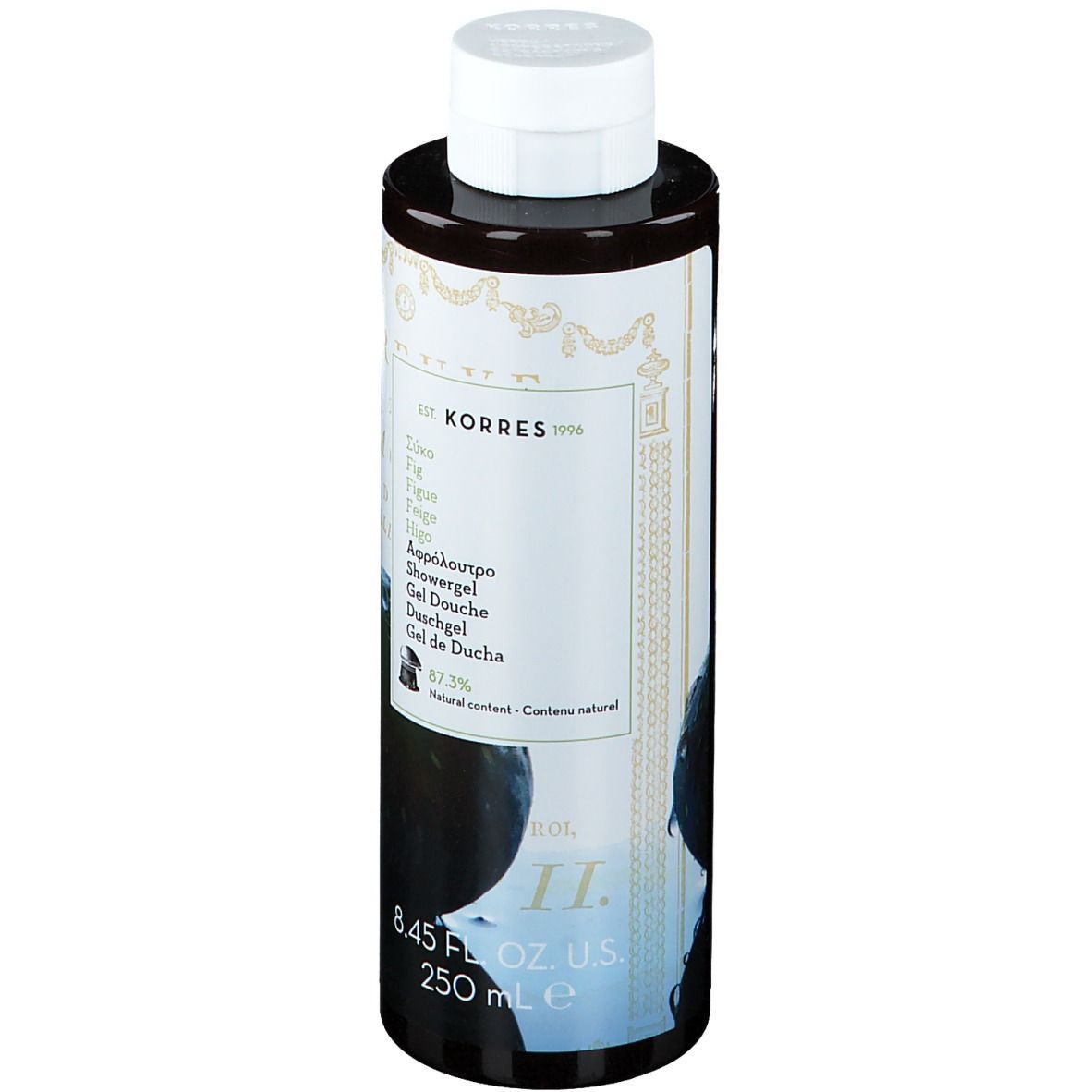 Korres Gel Douche Figues. Flacon marron avec bouchon blanc. Étiquette avec texte et illustrations de figues.