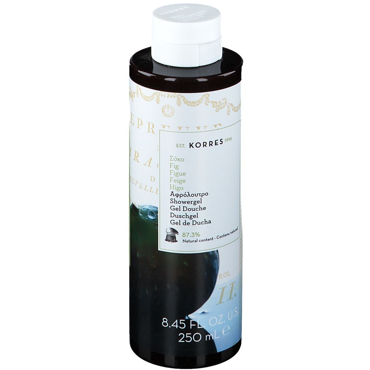 Korres Gel Douche Figues. Flacon marron avec bouchon blanc. Étiquette avec texte et illustrations de figues.