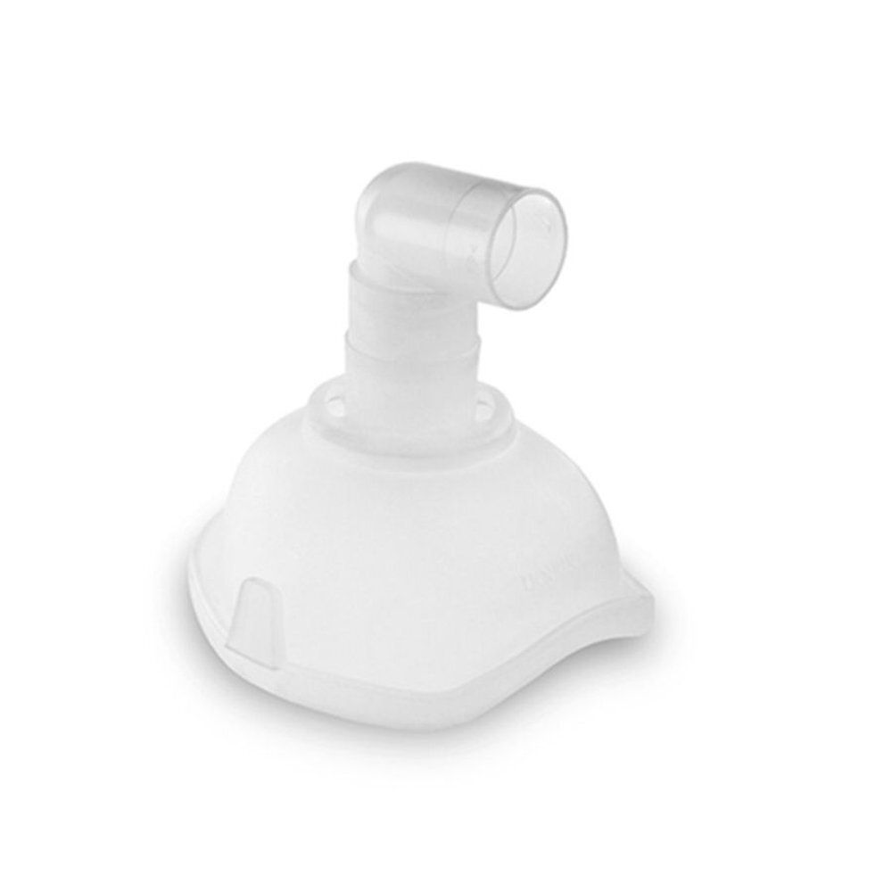 Masque blanc ovale avec raccord coudé. Pour usage médical.