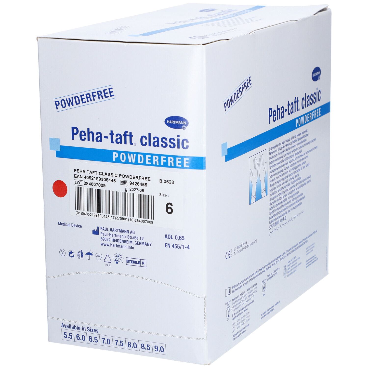 Boîte Peha-taft classic POWDERFREE, taille 6. Code-barres, point rouge. Tailles disponibles : 5.5 à 9.0.
