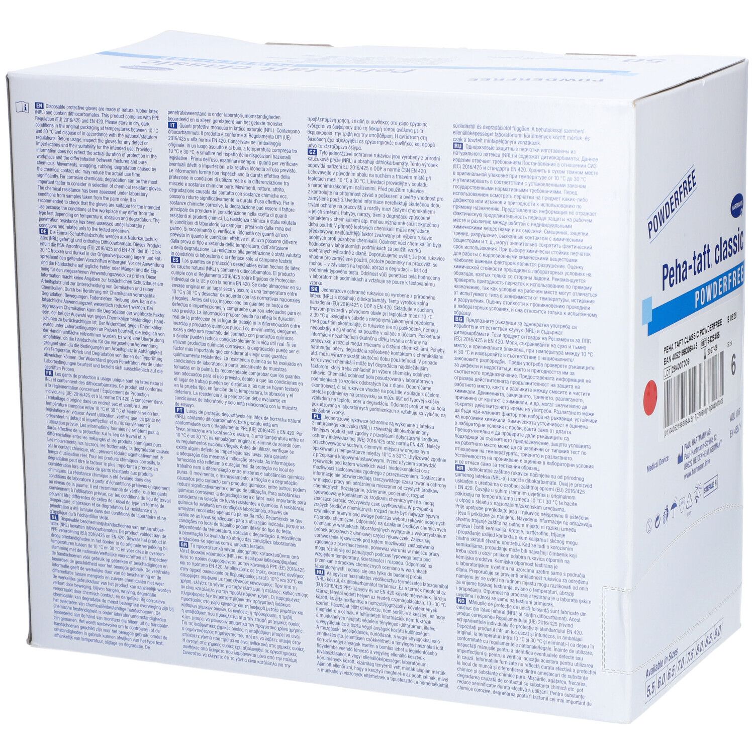 Dos de la boîte Peha-taft classic POWDERFREE. Texte en plusieurs langues.