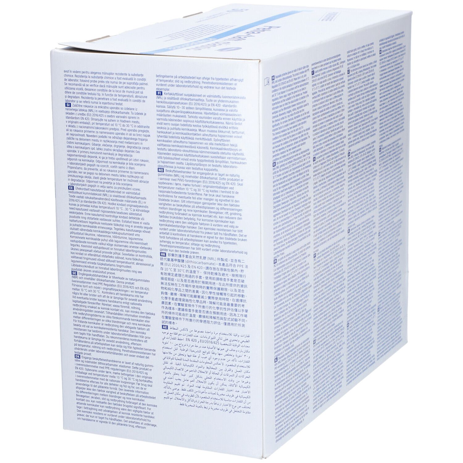 Côté de la boîte Peha-taft classic POWDERFREE. Texte en plusieurs langues.