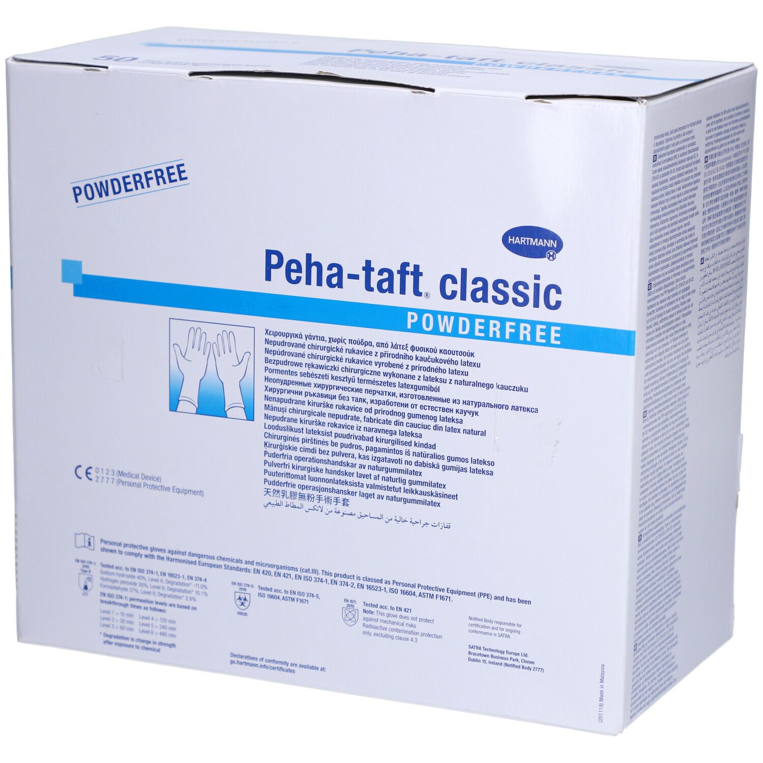 Boîte de gants. Inscription : Peha-taft classic, sans poudre. Illustration de mains gantées. Marquage CE.