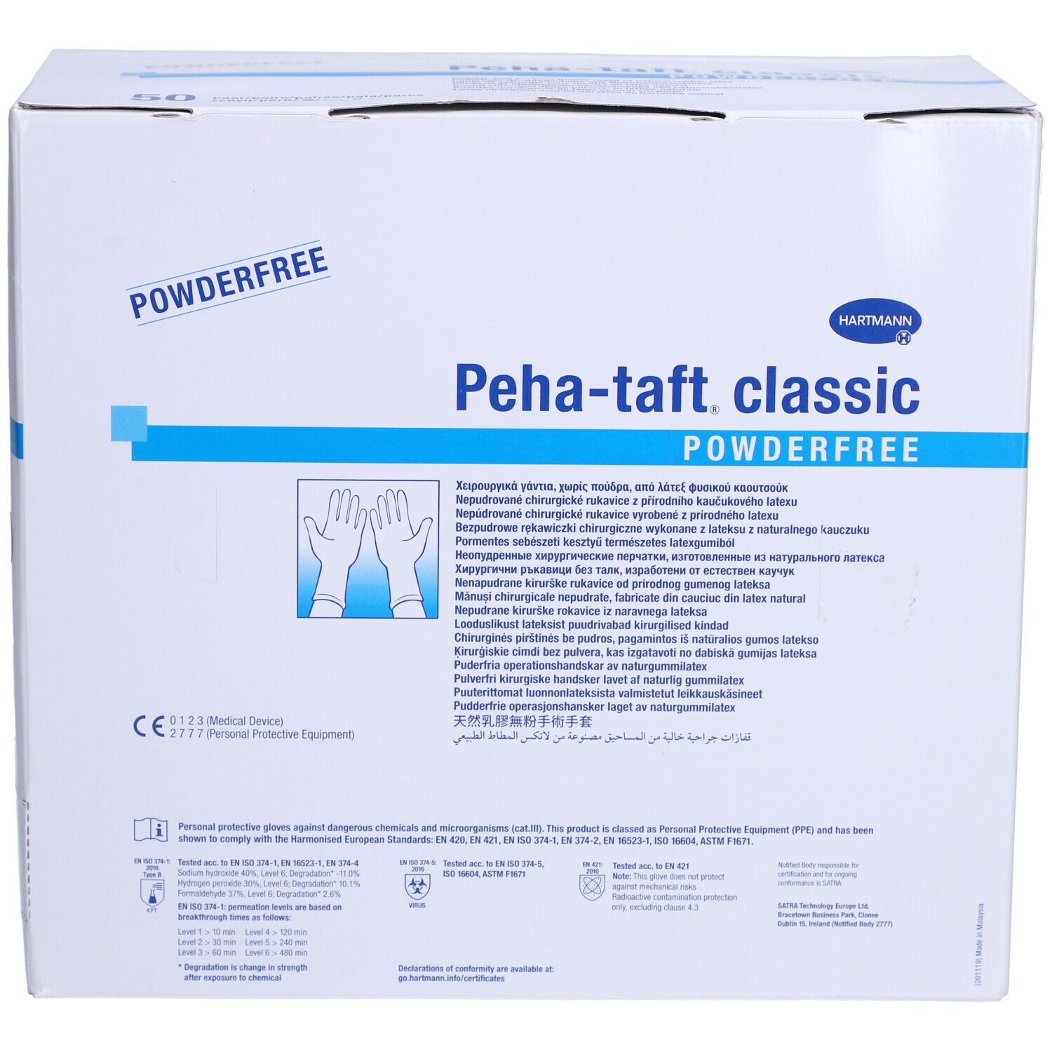 Boîte de gants. Inscription : Peha-taft classic, sans poudre. Illustration de mains gantées. Marquage CE.