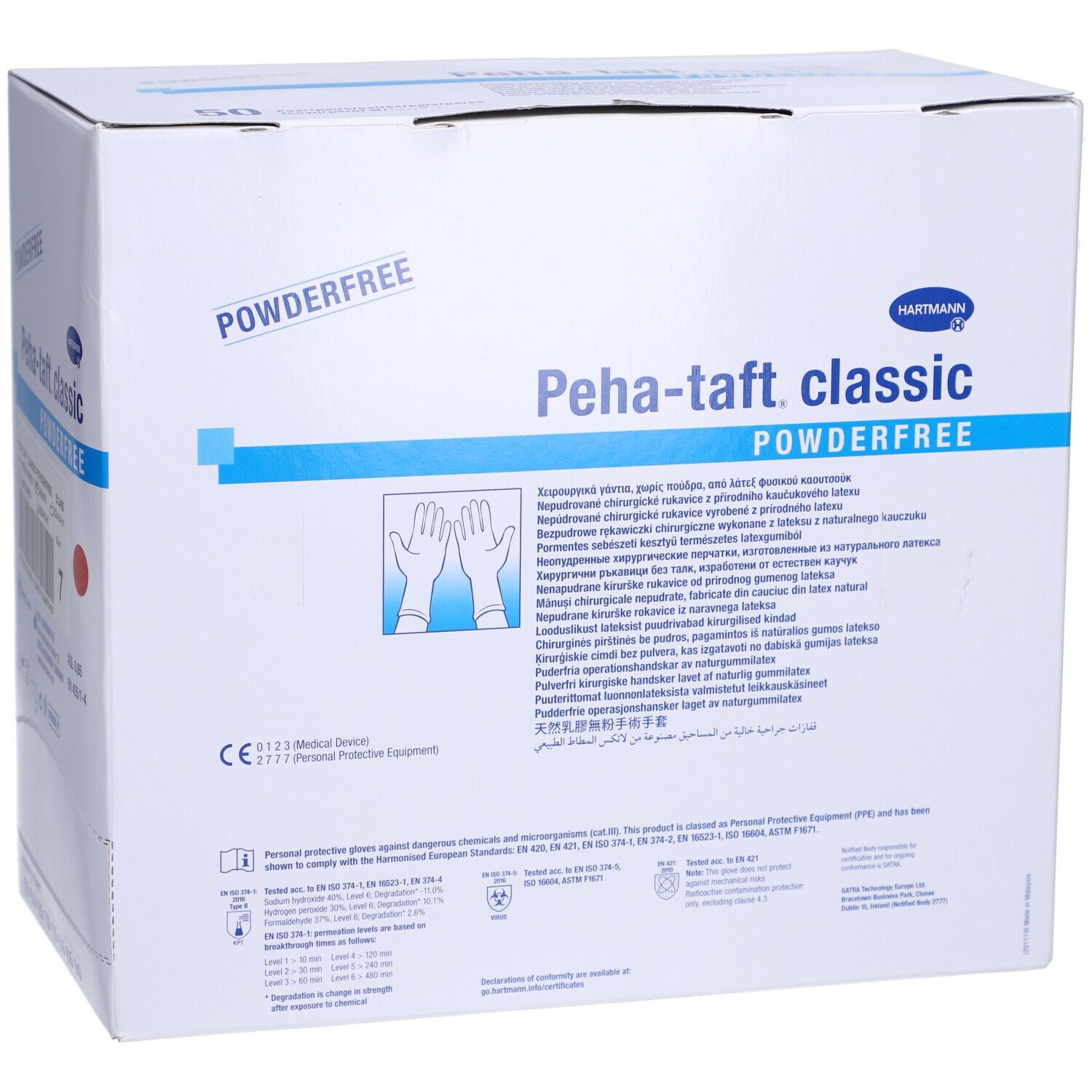 Boîte de gants. Inscription : Peha-taft classic, sans poudre. Illustration de mains gantées. Marquage CE.