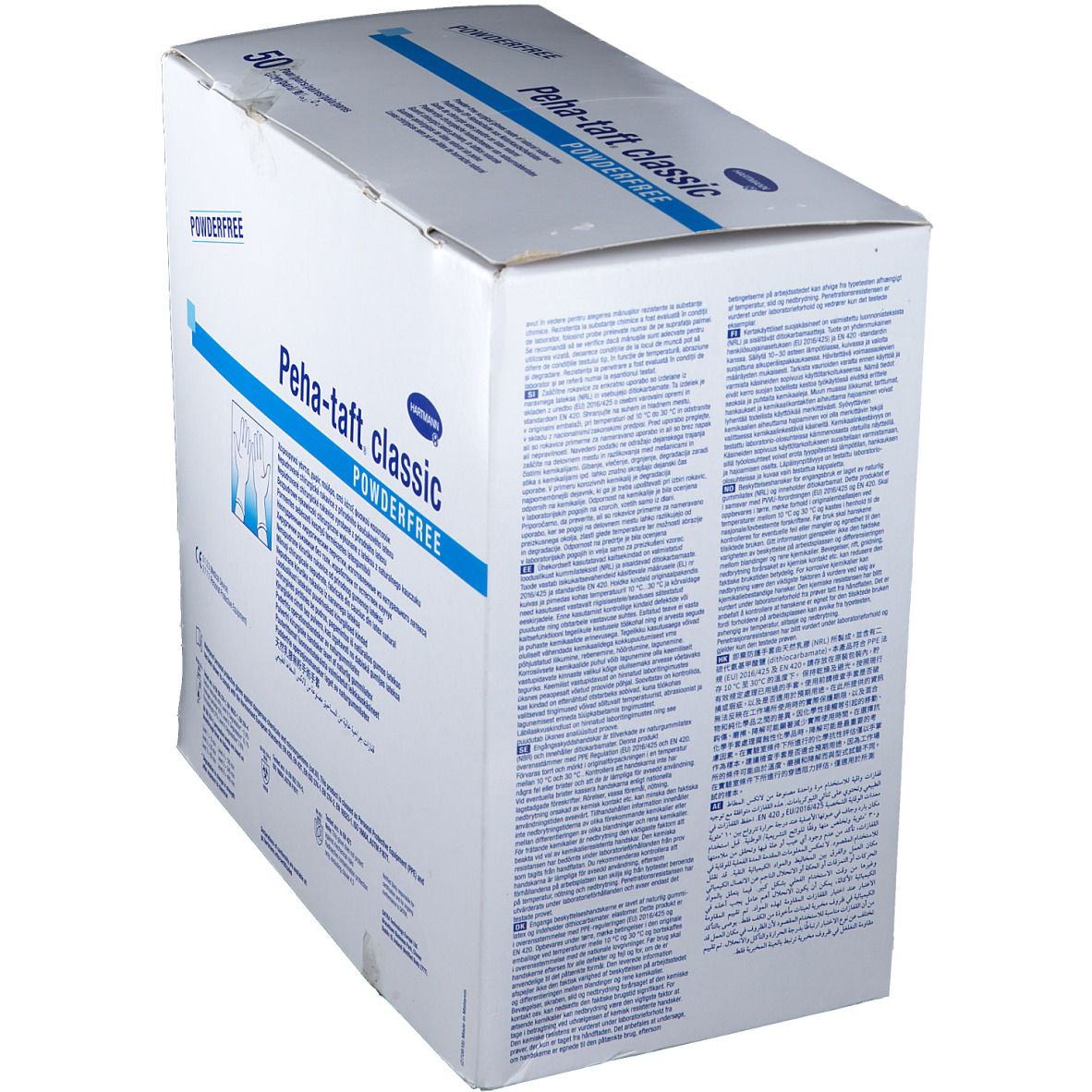 Boîte de gants jetables Peha-taft classic. Inscription : POWDERFREE. Texte multilingue. Marquage CE.