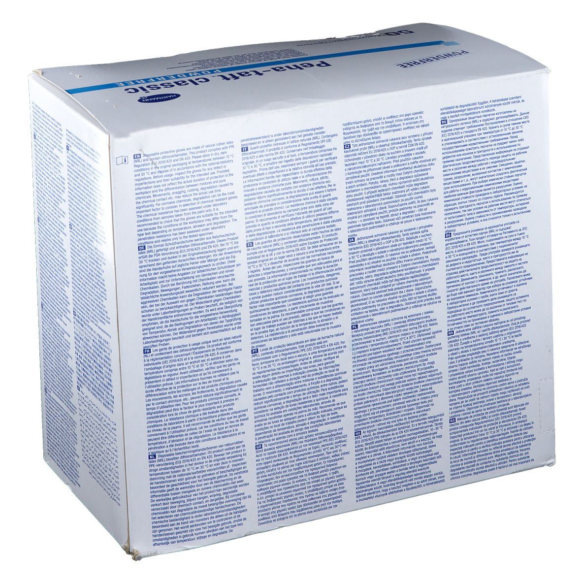 Boîte de gants jetables Peha-taft classic. Inscription : POWDERFREE. Texte multilingue. Marquage CE.