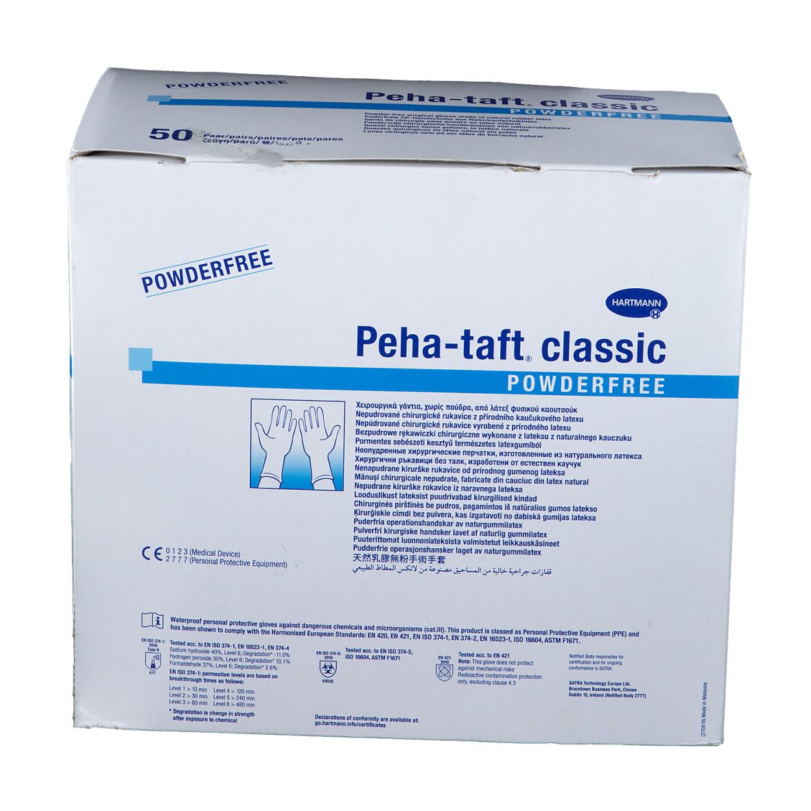 Boîte de gants jetables Peha-taft classic. Inscription : POWDERFREE. Illustration de mains gantées. Marquage CE.
