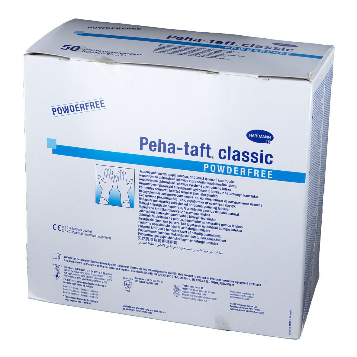 Boîte de gants jetables Peha-taft classic. Inscription : POWDERFREE. Illustration de mains gantées. Marquage CE.