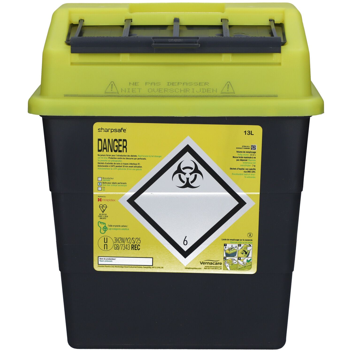 Récipient noir avec couvercle jaune. Inscription 'Danger' et symbole de risque biologique. Capacité 13L.