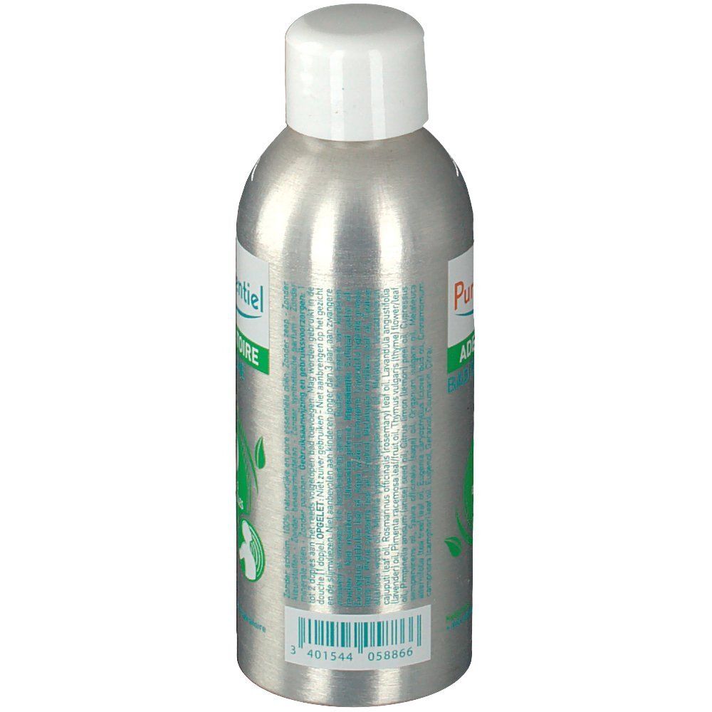 Vue arrière d'un flacon argenté avec bouchon blanc. Inscription: Respiratoire Bain Douche. Texte au dos.