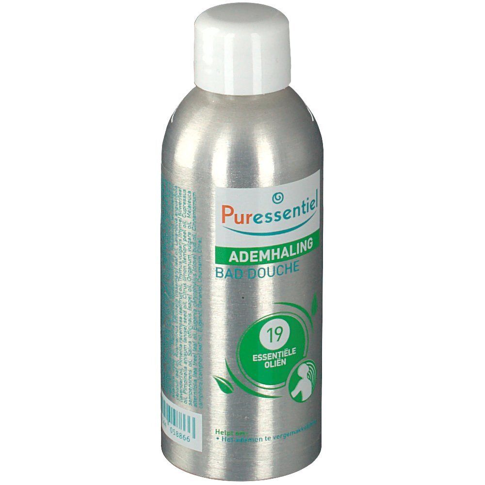 Flacon argenté, bouchon blanc. Inscription: Ademhaling Bain Douche, 19 Essentiële oliën. Version néerlandaise.