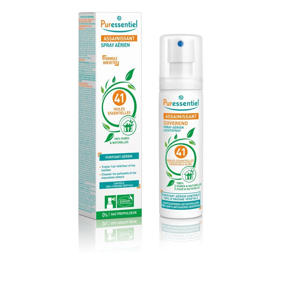 Spray Purifiant Puressentiel aux 41 huiles essentielles, 200ml. Boîte et flacon.