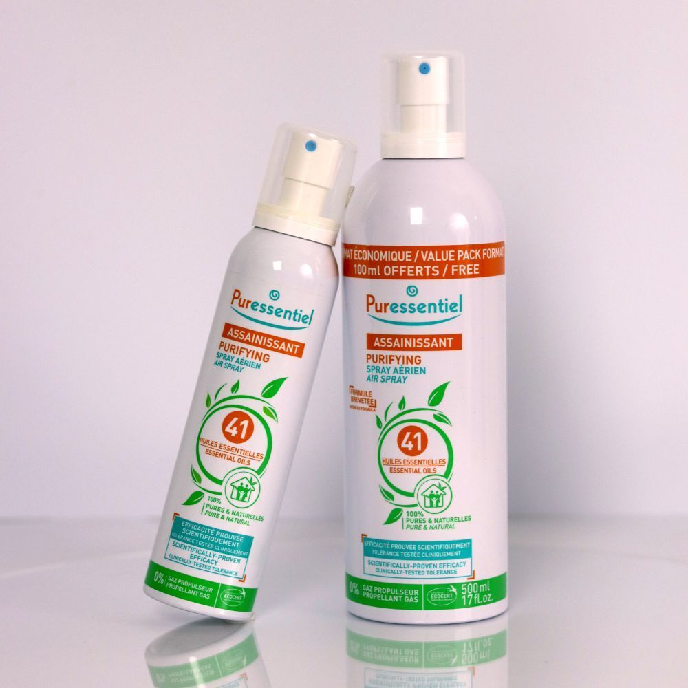Spray Purifiant Puressentiel aux 41 huiles essentielles, 200ml. Flacon avec eucalyptus, citron et menthe.