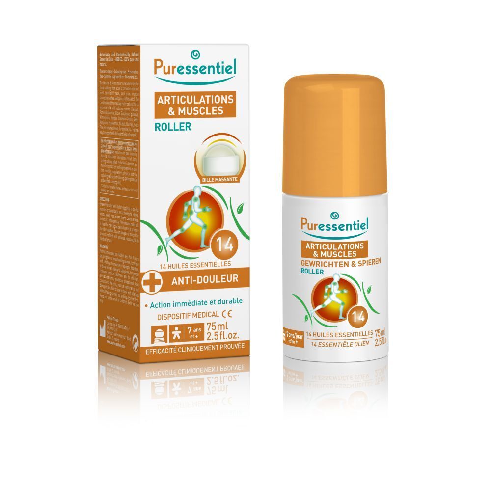 Puressentiel Roll-On Articulations & Muscles aux 14 huiles essentielles, 75ml, à côté de sa boîte.